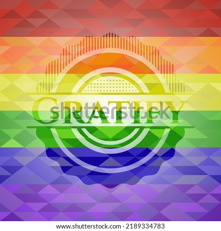 Gratify emblem on mosaic background with the colors of the LGBT flag. 