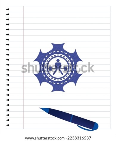 sumo deadlift icon pen emblem. Blue ink. Vector Illustration. Detailed. 