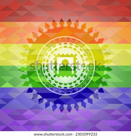 picture icon inside emblem on mosaic background with the colors of the LGBT flag. 