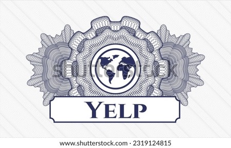 Blue rosette (money style emblem). Vector Illustration. Detailed with earth icon and Yelp text inside