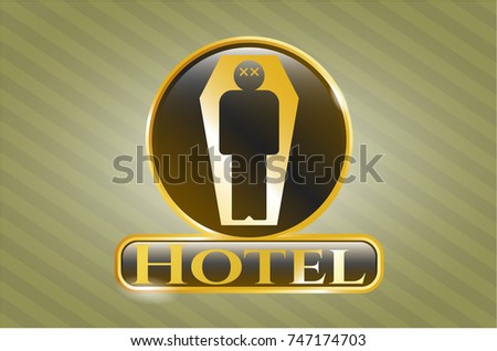  Shiny emblem with dead man in his coffin icon and Hotel text inside