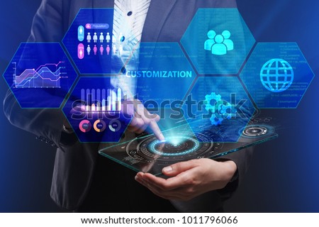 The concept of business, technology, the Internet and the network. A young entrepreneur working on a virtual screen of the future and sees the inscription: Customization Photo stock © 