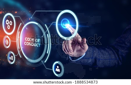 Business, Technology, Internet and network concept. Young businessman working on a virtual screen of the future and sees the inscription: Code of conduct Сток-фото © 