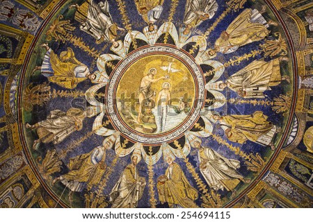 RAVENNA, ITALY -SEPTEMBER 6, 2014: Detail of the mosaic depicting the Baptism of Christ (centre) and the twelve apostles in Baptistery of Neon in Ravenna, Italy