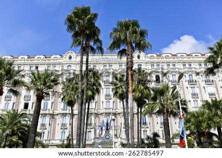 CANNES, FRANCE -SEPTEMBER 8, 2014: Built in 1911, the Carlton is a luxury hotel located on Boulevard de la Croisette in Cannes, France