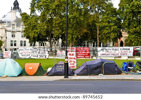 LONDON - SEPTEMBER 20: An anti war camp set up in Parliament Square in front of the Houses of Parliament on September 20, 2011 in Westminster, London.