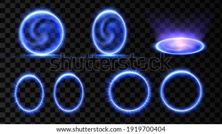 Blue magic portal. 3d hologram effect. Energy vortex teleport. Light circle frame. Isolated vector background.
