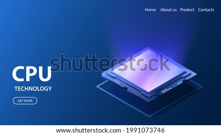 CPU chip isometric illustration. Computer processor component. Semiconductor technology concept. Futuristic microchip core.