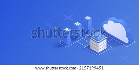 Cloud storage isometric illustration. Data server platform. Computer service technology. Network infrastructure.