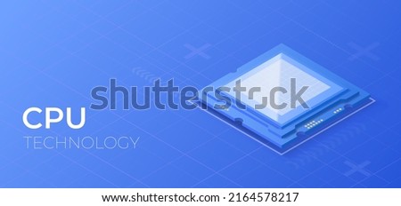 CPU chip isometric illustration. Computer processor component. Semiconductor technology concept. Futuristic microchip core.