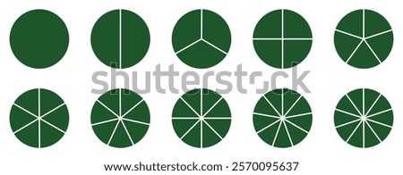 Pie chart set,  Circles cut separated on1,2,3, 4,5, 6, 7,8,9,10,with empty middle, simple flat design vector illustration.