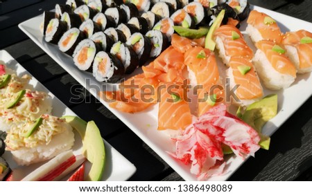 Similar – Image, Stock Photo Norwegian nigiri with salmon and wasabi