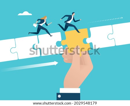 Missing piece. Support - help. The manager‘s hand fills the gap between the pieces of the path to reach the goal. Business vector illustration