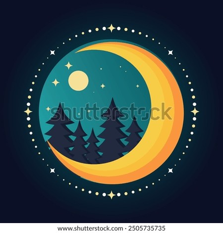 Postcard with a night forest, moon and stars. Vector illustration.