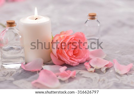 Pink rose petals and rose with candle ,oil on lace