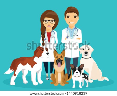 Girl and guy veterinarians, next to the dogs. Care and health of animals. A doctor in scrubs and with a stethoscope. Flat style on blue background. Cartoon.