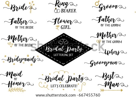 Bridal Party Hand Lettering Phrases Vector Set, Bride, Groom, Father of the Bride, Flower girl, Ring Bearer, Bridesmaids, Groomsmen, Ushers, Maid of Honor, Best Man & More, 14 designs in collection