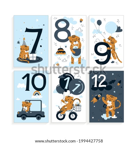 Numbers - seven, eight, nine, ten, eleven, twelve - with small tiger. Cards with month and cartoon animals for nursery