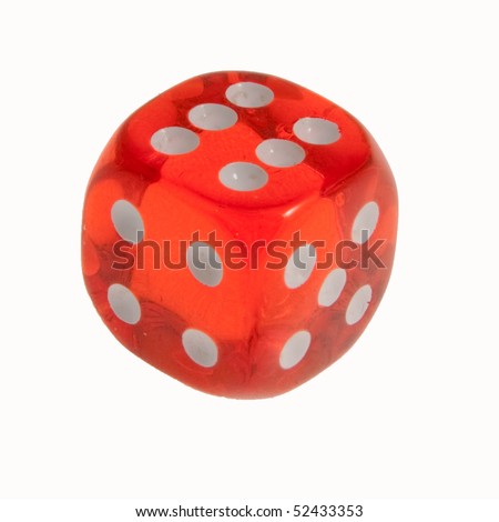 A red dice showing the planes with four, five and six white dots.