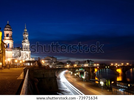 Night time view on cathedral and the river Elbe in the city of Dresden in Germany