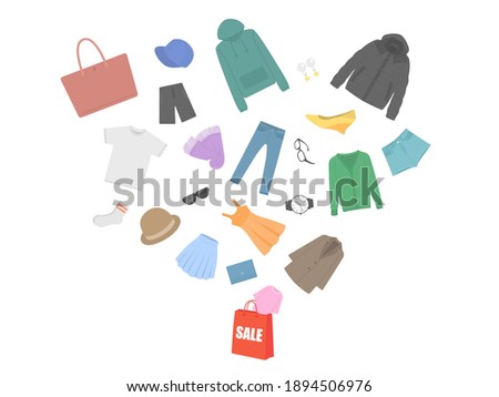 Illustration of apparel goods popping out of a shopping bag.