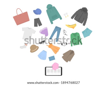 Illustration of apparel goods popping out from the screen of a smartphone.