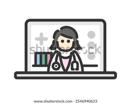 Illustration of an icon (color line drawing) of a female doctor who provides online medical treatment on a PC.