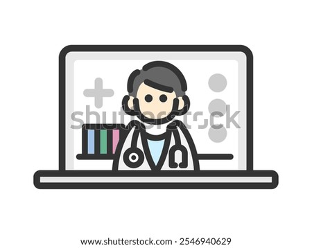 Illustration of an icon (color line drawing) of a male doctor who provides online medical treatment on a PC.