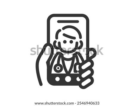 Illustration of an icon (line drawing) of a person (male doctor) who provides online medical treatment on a smartphone.