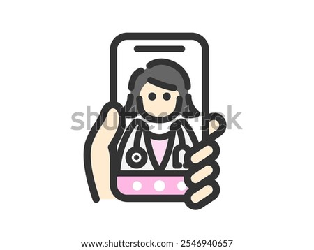 Illustration of an icon (color line drawing) of a person (female doctor) who provides online medical treatment on a smartphone.