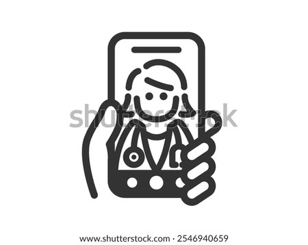 Illustration of an icon (line drawing) of a person (female doctor) who provides online medical treatment on a smartphone.