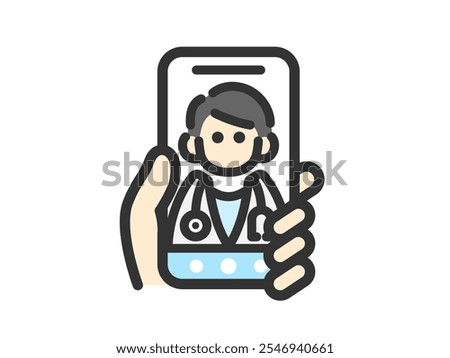 Illustration of an icon (line drawing color) of a person (male doctor) who provides online medical treatment on a smartphone.