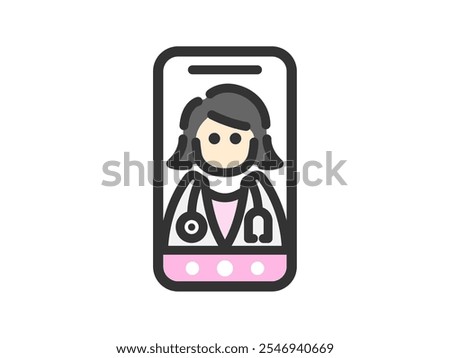 Illustration of an icon (color line drawing) of a female doctor who provides online medical treatment on a smartphone.