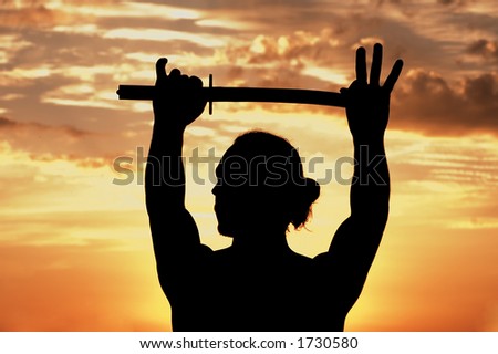 Man with sword in sunsets