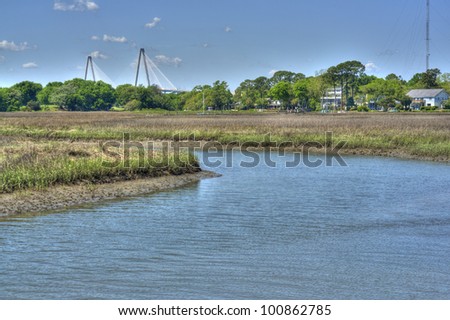 Ocean Landscape with Ravenal Bridge in Charleston, SC USA.