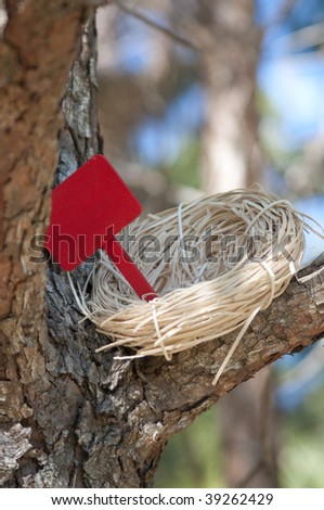 Nest in Tree with Blank Sign for you to add text.  Works well with for sale, for rent, welcome home, empty nest, etc.