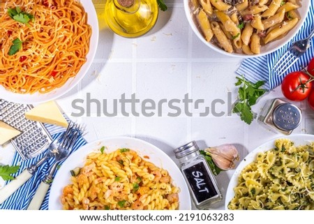 Similar – Image, Stock Photo Different pasta on cream background, copy space