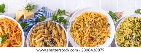 Similar – Image, Stock Photo Different pasta on cream background, copy space