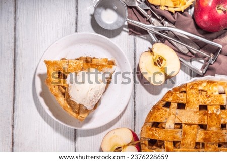 Similar – Image, Stock Photo Apple pie with ice cream and cup of coffee. Top view of apple tart slice