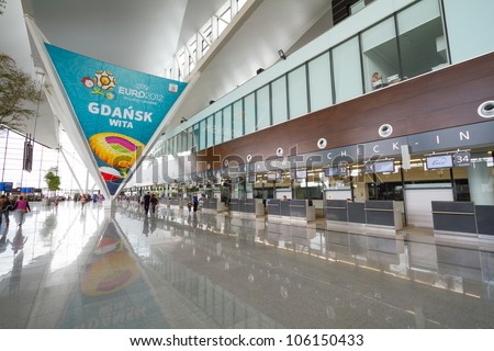 GDANSK AIRPORT, POLAND - JUN 17: Interior of new modern terminal at Lech Walesa Airport in Gdansk on Jun. 17, 2012. The terminal was build for soccer Euro Cup 2012.