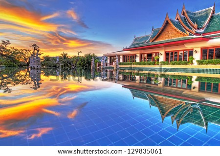 KOH KHO KHAO, THAILAND - NOV 15: Architecture of Andaman Princess Resort & SPA at sunset. Hotel was destroyed by tsunami in 2004 and rebuild, Koh Kho Khao, Phang Nga in Thailand on Nov. 15, 2012.