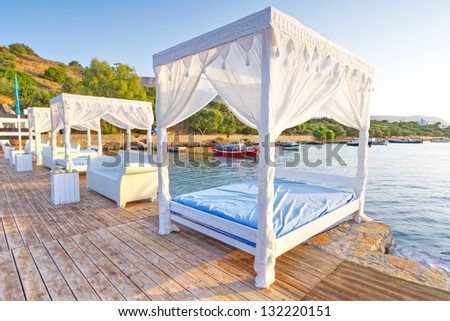 White luxury beds at Mirabello Bay on Crete, Greece