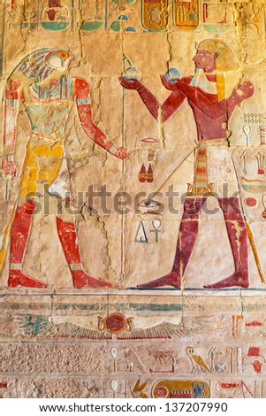 Relief on the wall of Queen Hatshepsut Temple in Egypt
