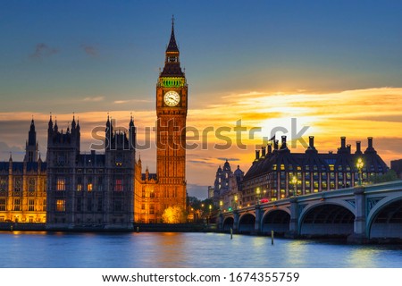 Big Ben and Westminster Bridge in London at sunset, UK ストックフォト © 