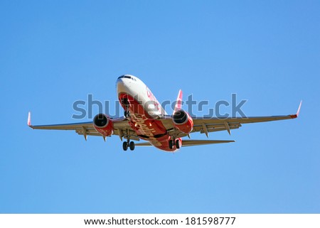 GDANSK AIRPORT, POLAND - 13 MAR: Air Berlin plane landing on Lech Walesa Airport in Gdansk on March 13, 2014. Air Berlin is second largest airline in Germany carried over 33 million passengers a year.