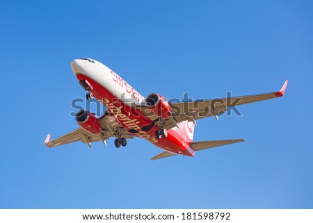 GDANSK AIRPORT, POLAND - 13 MAR: Air Berlin plane landing on Lech Walesa Airport in Gdansk on March 13, 2014. Air Berlin is second largest airline in Germany carried over 33 million passengers a year.