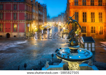 Similar – Image, Stock Photo Snowy market place, decorated for Christmas with fairy lights and Christmas tree, Chemnitz, historical city hall