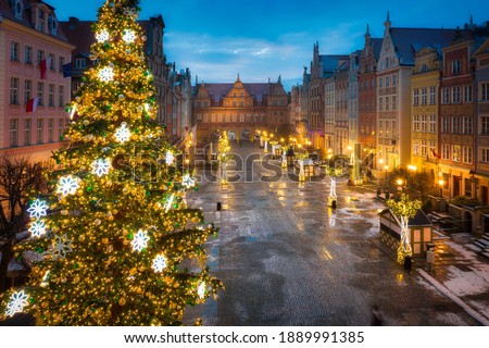 Similar – Image, Stock Photo Snowy market place, decorated for Christmas with fairy lights and Christmas tree, Chemnitz, historical city hall