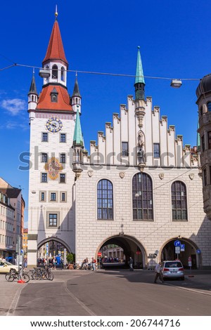 MUNICH, GERMANY - 19 JUNE 2014: The old town hall architecture in Munich, Germany. The Old Town Hall bounds the central square Marienplatz on its east side, was constructed in 1392/1394.