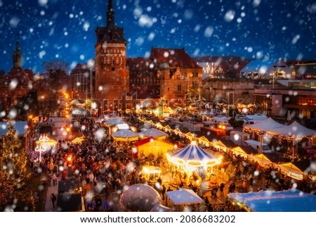 Similar – Image, Stock Photo Snowy market place, decorated for Christmas with fairy lights and Christmas tree, Chemnitz, historical city hall